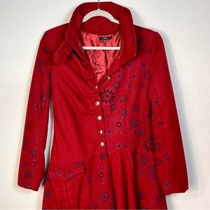 Luxx Women’s Midi Burgundy Coat Ruched Front Multi Details L Boho Whimsigoth